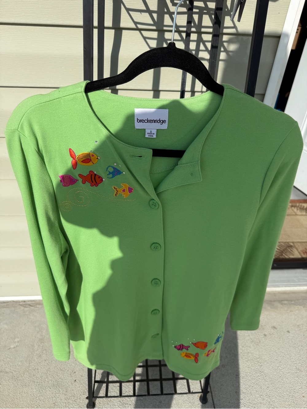 breckenridge Lime Green Button-Up Top with Colorful Fish Embroidery